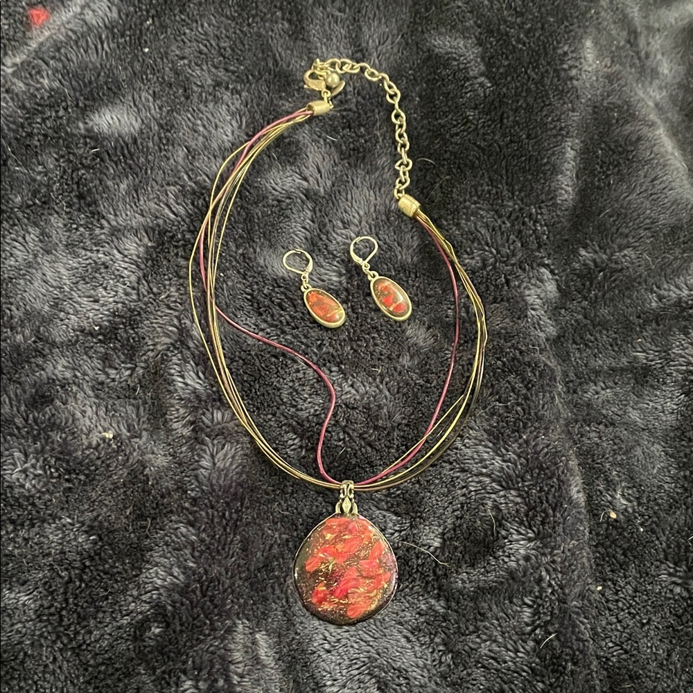 Gold-Tone Red Stone Pendant Necklace & Earring Set